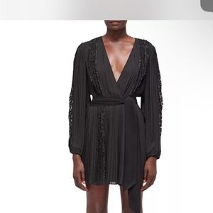 NWT The Kooples Elegant pleated Black Wrap Dress with beautiful lace details